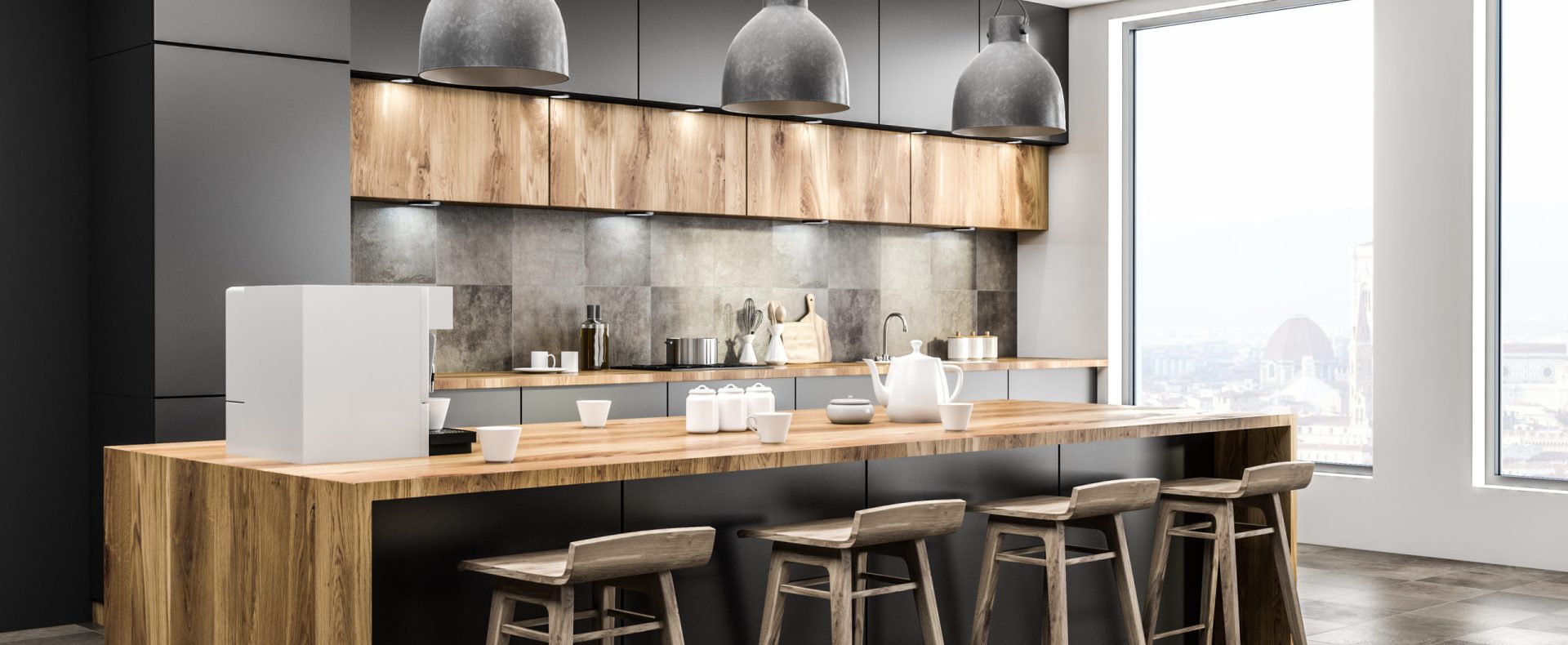 Corner of loft kitchen with tiled floor, gray countertops and long bar with wooden stools. Window with european city scenery. 3d rendering