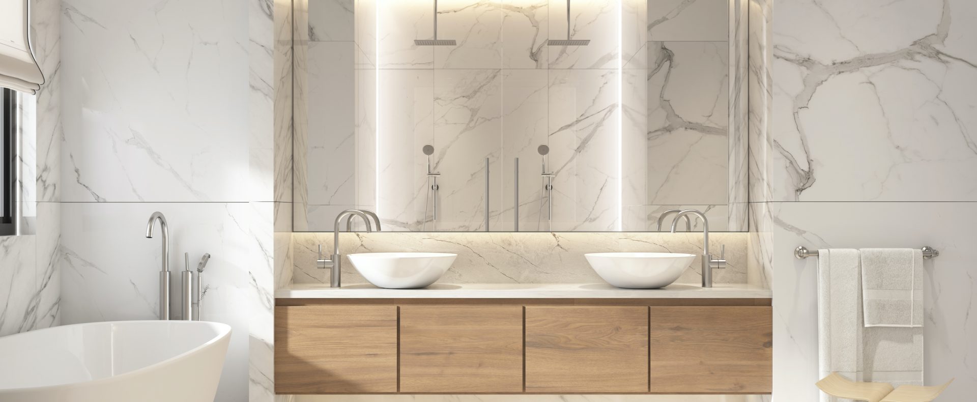 3d rendering of a modern white marble bathroom